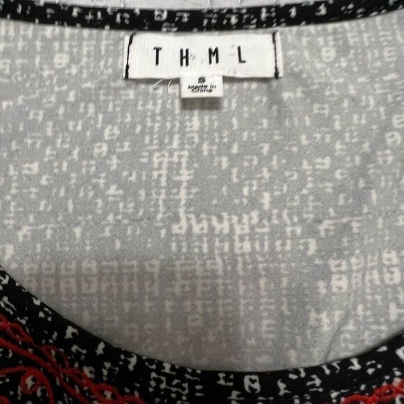 THML black, white red embroidered shirt dress with pockets short sleeve small - Picture 2 of 10